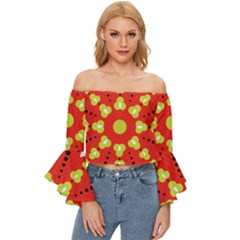 A Red And Yellow Flower With Black Dots Off Shoulder Flutter Bell Sleeve Top by catchydesignhill