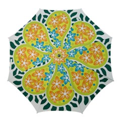 A Yellow And Green Paisley With Leaves And Flowers Golf Umbrellas by catchydesignhill