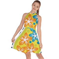 A Yellow And Green Paisley With Leaves And Flowers Sleeveless Halter Neck A-line Dress by catchydesignhill