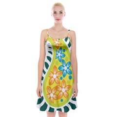 A Yellow And Green Paisley With Leaves And Flowers Spaghetti Strap Velvet Dress