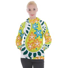 A Yellow And Green Paisley With Leaves And Flowers Women s Hooded Pullover