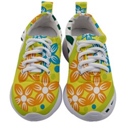 A Yellow And Green Paisley With Leaves And Flowers Kids Athletic Shoes by catchydesignhill