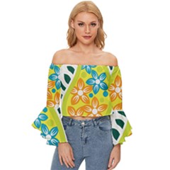 A Yellow And Green Paisley With Leaves And Flowers Off Shoulder Flutter Bell Sleeve Top