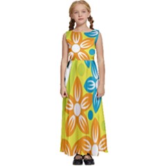 A Yellow And Green Paisley With Leaves And Flowers Kids  Satin Sleeveless Maxi Dress by catchydesignhill