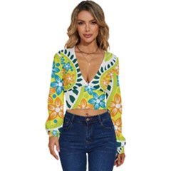 A Yellow And Green Paisley With Leaves And Flowers Long Sleeve Deep-v Velour Top by catchydesignhill