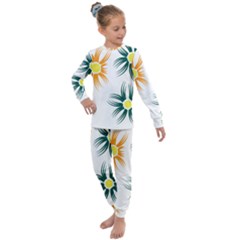 Three Flowers With Green And Orange Petals Kids  Long Sleeve Set 