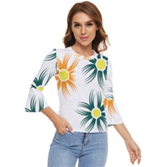 Three Flowers With Green And Orange Petals Bell Sleeve Top