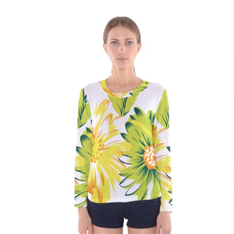 Two Yellow And Green Flowers On A White Background Women s Long Sleeve T-shirt by catchydesignhill