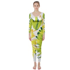 Two Yellow And Green Flowers On A White Background Long Sleeve Catsuit by catchydesignhill