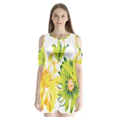 Two Yellow And Green Flowers On A White Background Shoulder Cutout Velvet One Piece