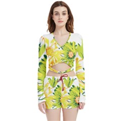 Two Yellow And Green Flowers On A White Background Velvet Wrap Crop Top And Shorts Set