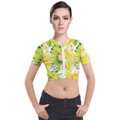 Two Yellow And Green Flowers On A White Background Short Sleeve Cropped Jacket by catchydesignhill