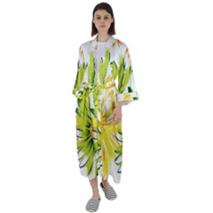 Two Yellow And Green Flowers On A White Background Maxi Satin Kimono by catchydesignhill