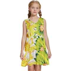 Two Yellow And Green Flowers On A White Background Kids  Sleeveless Tiered Mini Dress