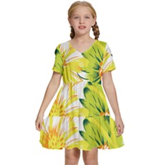 Two Yellow And Green Flowers On A White Background Kids  Short Sleeve Tiered Mini Dress by catchydesignhill