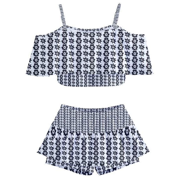 A Black And White Background With A Lot Of Dots Kids  Off Shoulder Skirt Bikini