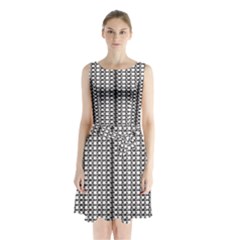 A Black And White Photo Of A Pattern Sleeveless Waist Tie Chiffon Dress