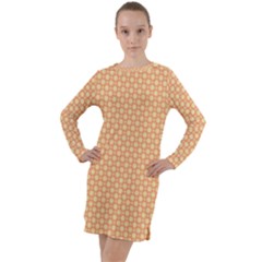 An Orange And White Background With A Pattern Long Sleeve Hoodie Dress