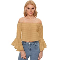 An Orange And White Background With Small Squares Off Shoulder Flutter Bell Sleeve Top