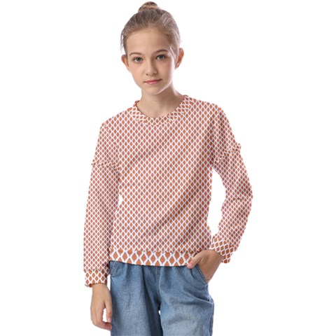 An Orange And White Geometric Pattern Kids  Long Sleeve T-shirt With Frill  by catchydesignhill