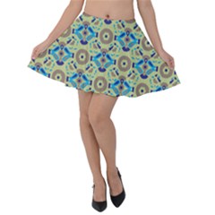 A Blue And Green Pattern On A Green Background Velvet Skater Skirt