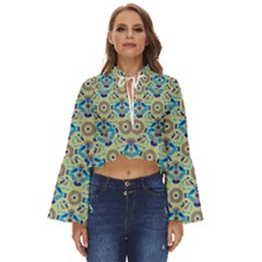 A Blue And Green Pattern On A Green Background Boho Long Bell Sleeve Top