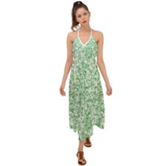 A Green And White Background With Small White Dots Halter Tie Back Dress 