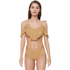 An Orange And Yellow Background With A Pattern Ruffle Edge Tie Up Bikini Set	