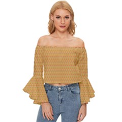 An Orange And Yellow Background With A Pattern Off Shoulder Flutter Bell Sleeve Top