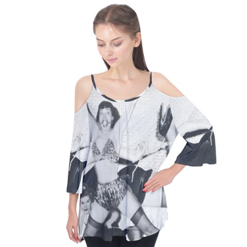 Betty Page Bdsm Flutter Sleeve T-shirt by CherleyTemples