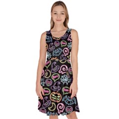 Cartoon Halloween Colorful Neon Print Knee Length Skater Dress With Pockets by CoolDesigns