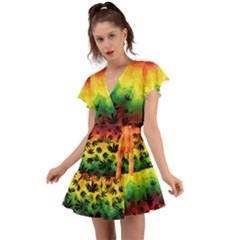 Zigzag Colorful Yellow Marijuana Leaves Comfy Flutter Sleeve Wrap Dress by CoolDesigns