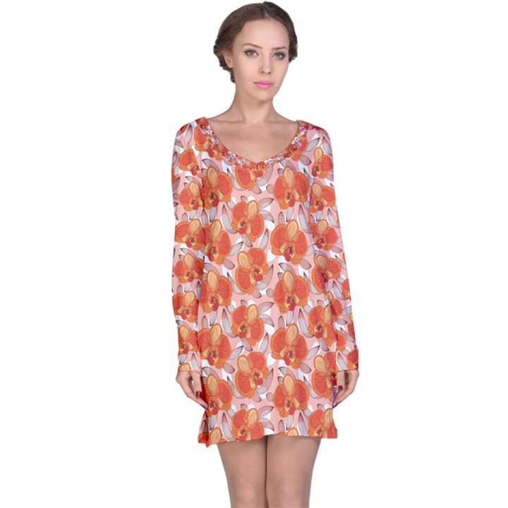 Orange Floral Pattern With Orchids Long Sleeve Nightdress