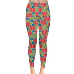 Red Red Flowers Pattern Over Blue Stock Leggings by CoolDesigns