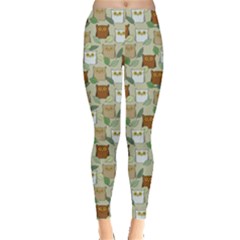 Green Pattern Funny Surprised Owls Leggings by CoolDesigns