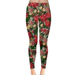 Vintage Poinsettia Green Holiday Stretch Long Leggings by CoolDesigns