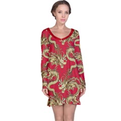 Classic Dragon Crimson Japanese Pattern Long Sleeve Nightdress by CoolDesigns