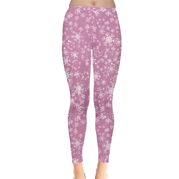 Snowflakes Pink Xmas Sparkle Print Leggings