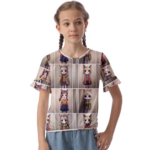 Cat Girls Portrait Photo Collage Set Illustration Ai Kids  Cuff Sleeve Scrunch Bottom T-shirt by dflcprintsclothing