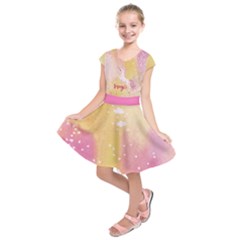 Pink Yellow Unicorn Cap Kids  Short Sleeve Dress by CoolDesigns