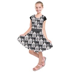 Gray White Small Cat Face Pet Kids  Short Sleeve Dress by CoolDesigns