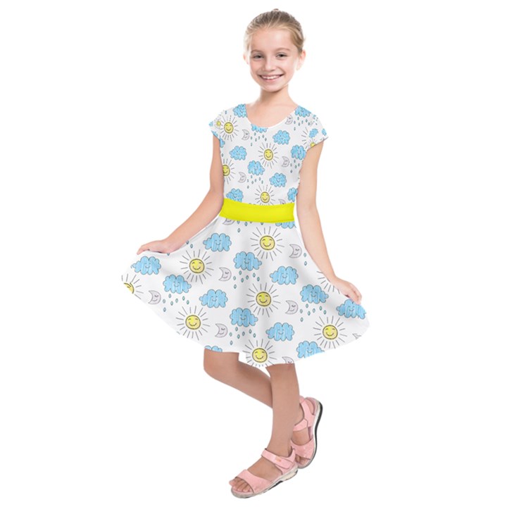 Sky Blue & Yellow Happy Sun Kids  Short Sleeve Dress