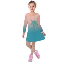 Turquoise Unicorn Floral Cap Kids  Long Sleeve Velvet Dress