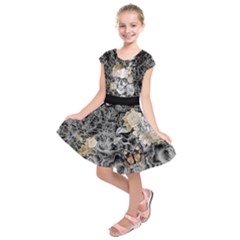  Black & Light Gray Florals & Skulls Kids  Short Sleeve Dress by CoolDesigns