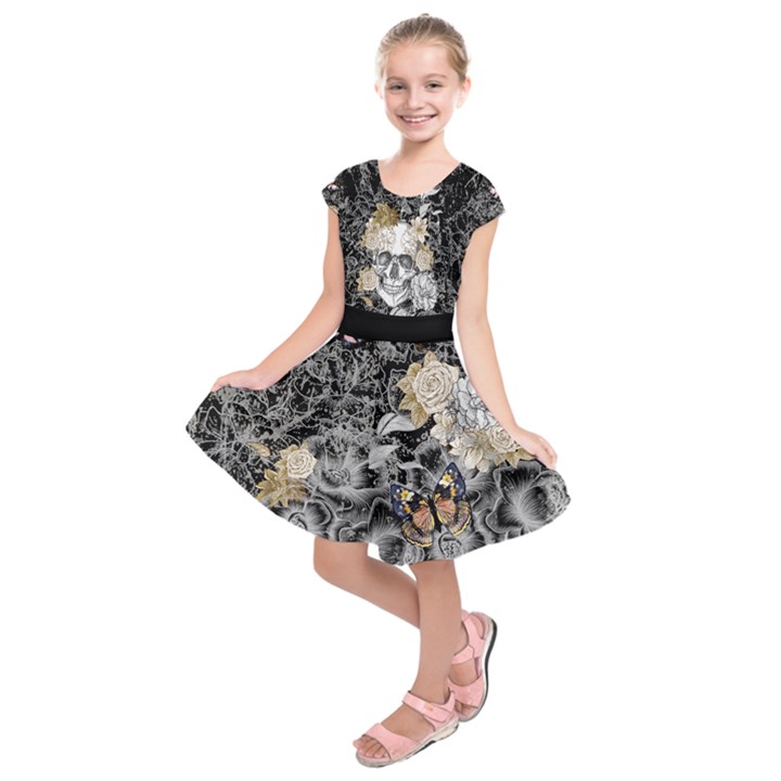  Black & Light Gray Florals & Skulls Kids  Short Sleeve Dress