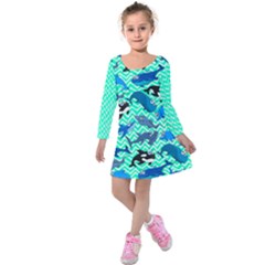 Aquamarine Cute Whales Kids  Long Sleeve Velvet Dress