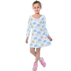 Sky Blue & Yellow Happy Sun Kids  Long Sleeve Velvet Dress by CoolDesigns