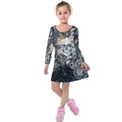  Black & Light Gray Florals & Skulls Kids  Long Sleeve Velvet Dress by CoolDesigns