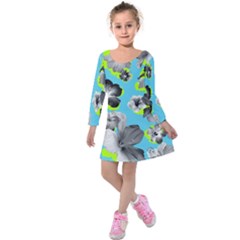 Light Blue Floral Kids  Long Sleeve Velvet Dress