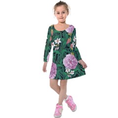 Green Floral Kids  Long Sleeve Velvet Dress